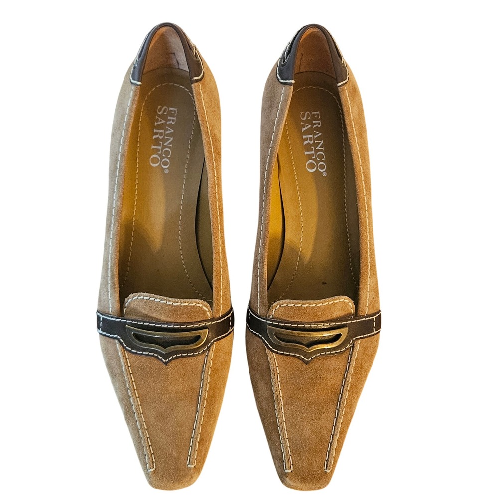 Franco Sarto Womens Tan Suede Kitten Heel Loafers Brown Leather Trim Size 8.5M - Picture 3 of 8